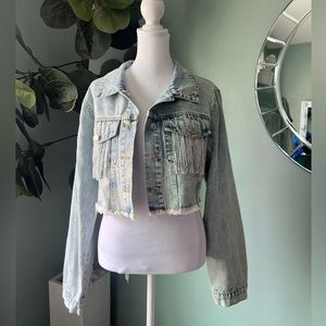 SHEIN Hem Fringe Detail Crop Denim Jacket